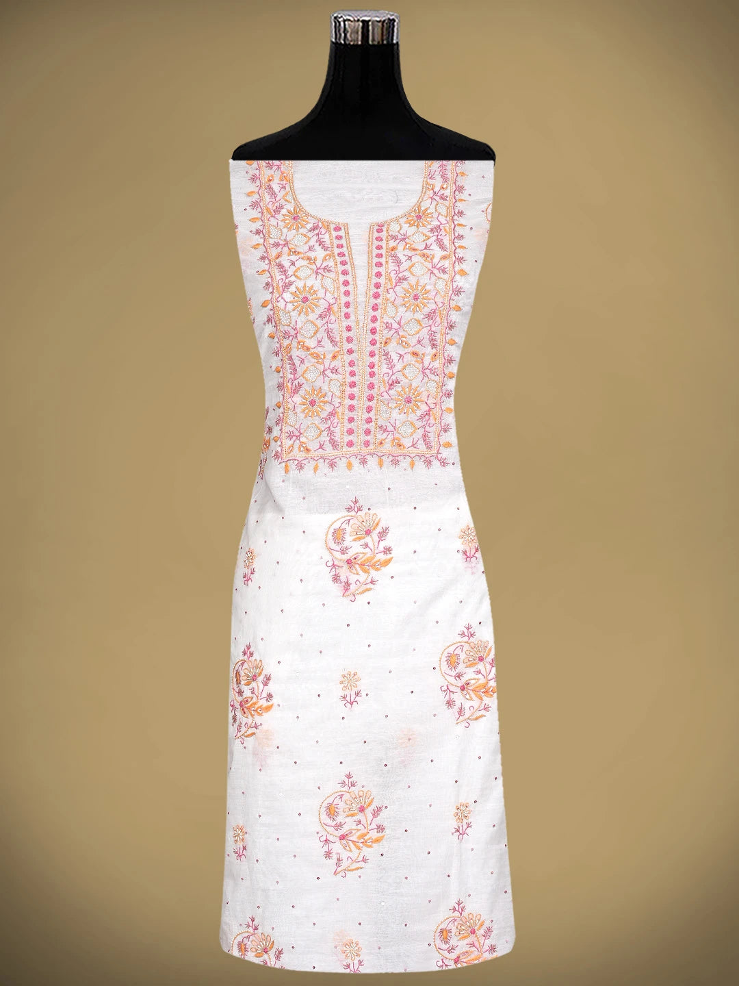 Ada Hand Embroidered White Chanderi Lucknowi Chikankari Unstitched Kurta Dupatta Set With Cutdana Work 01A895966