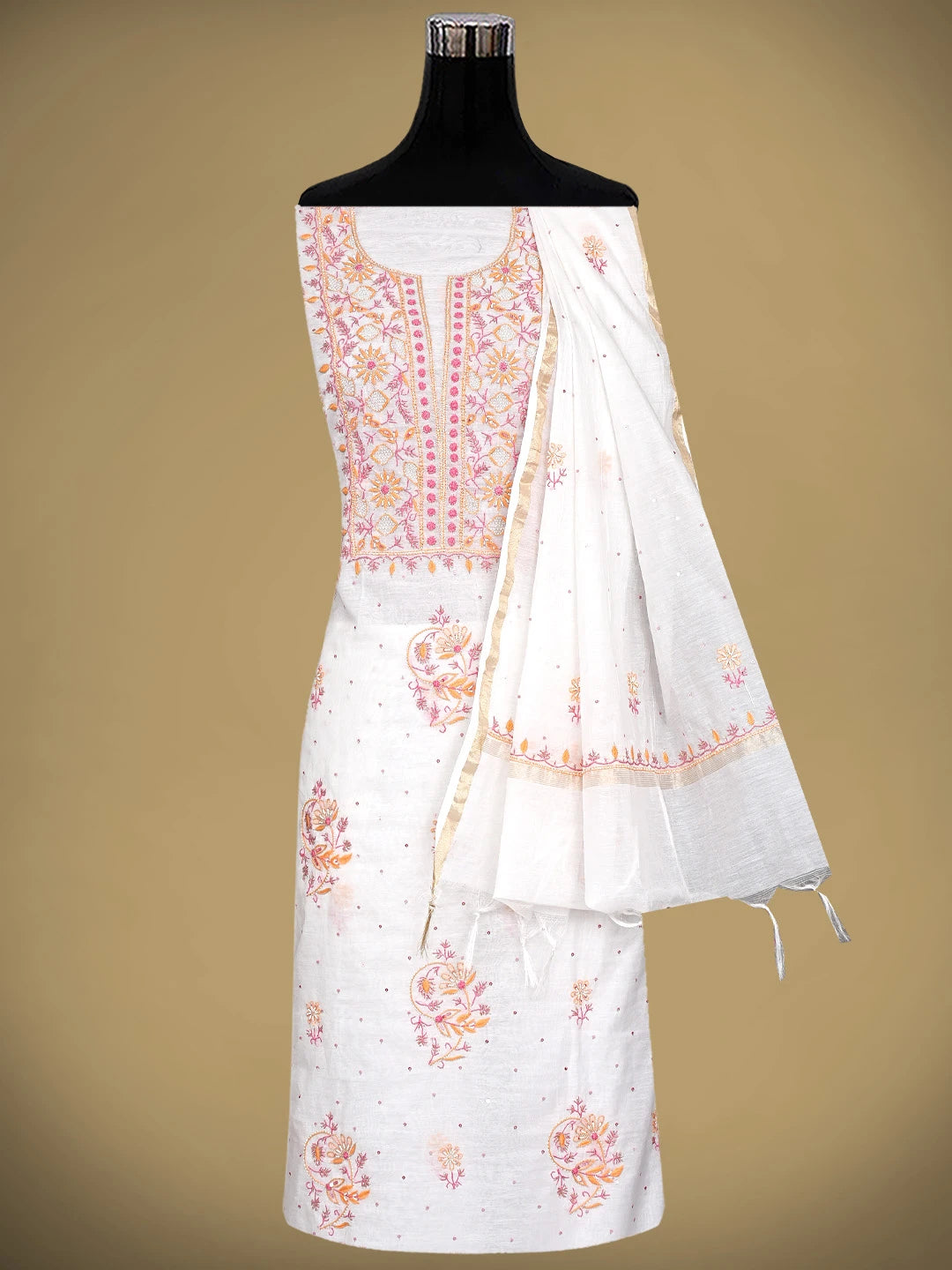 Ada Hand Embroidered White Chanderi Lucknowi Chikankari Unstitched Kurta Dupatta Set With Cutdana Work 01A895966