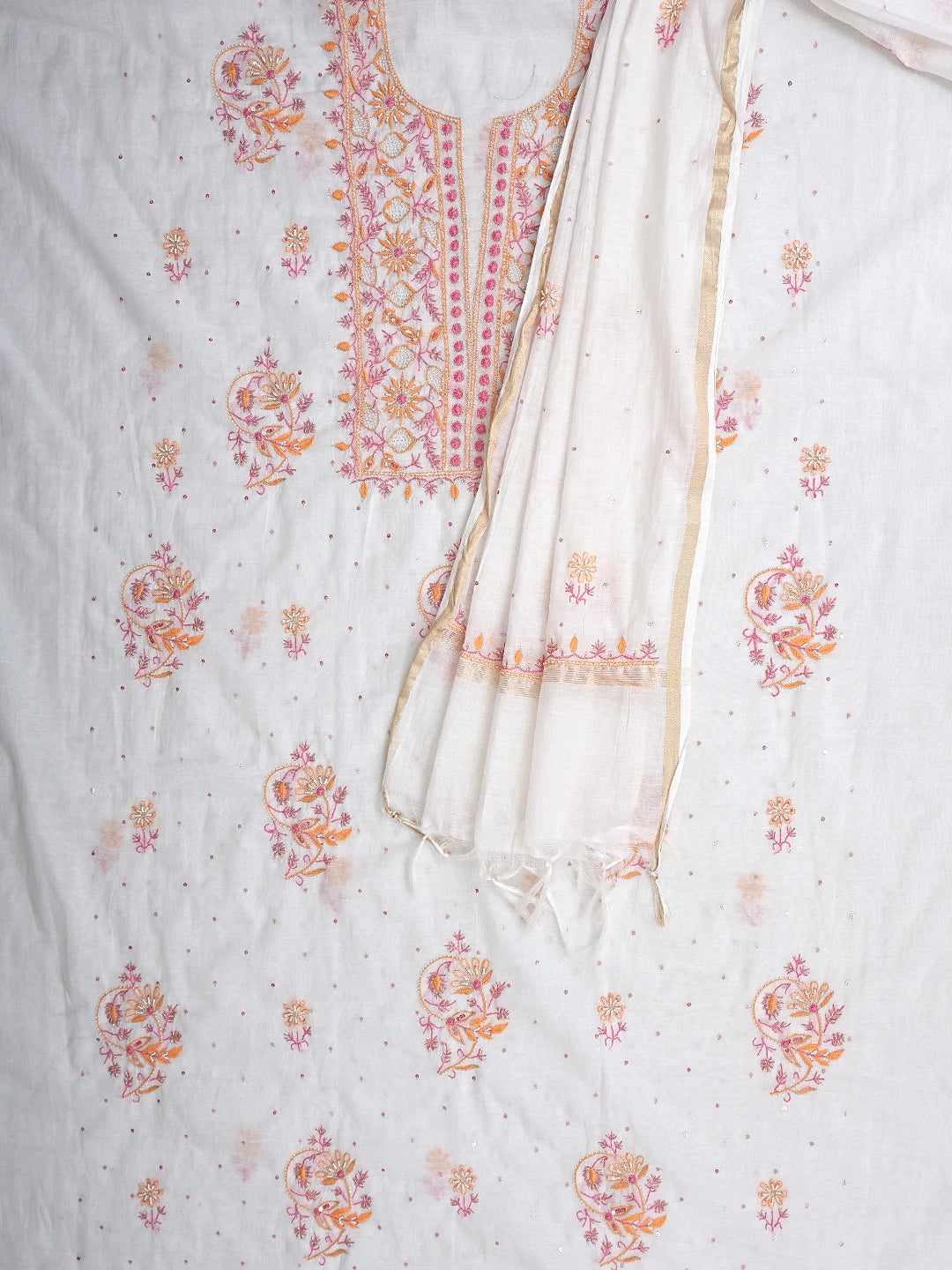 Ada Hand Embroidered White Chanderi Lucknowi Chikankari Unstitched Kurta Dupatta Set With Cutdana Work 01A895966