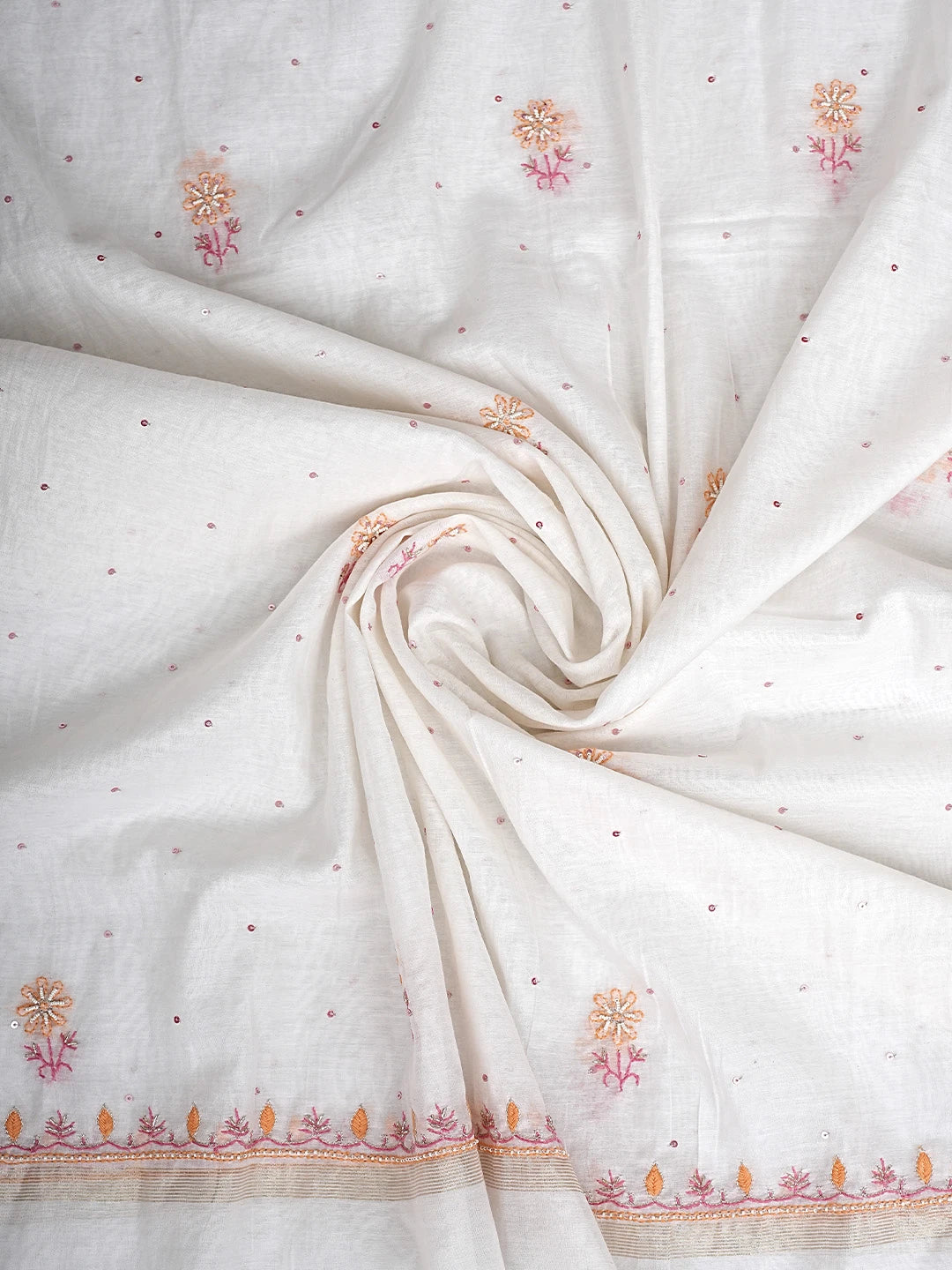 Ada Hand Embroidered White Chanderi Lucknowi Chikankari Unstitched Kurta Dupatta Set With Cutdana Work 01A895966