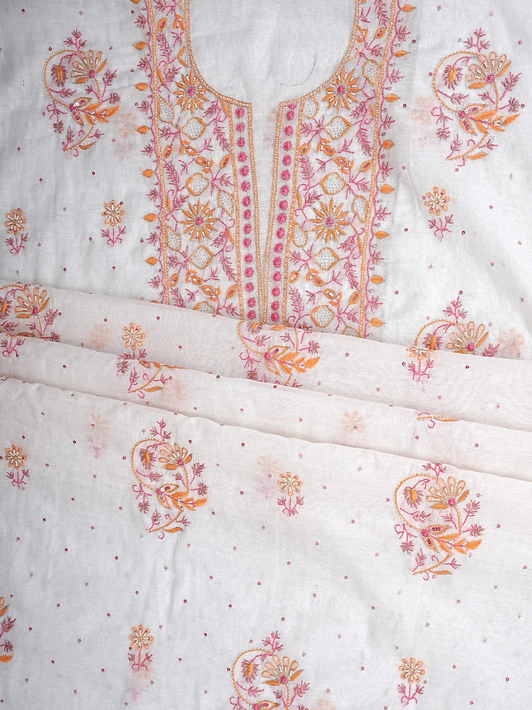 Ada Hand Embroidered White Chanderi Lucknowi Chikankari Unstitched Kurta Dupatta Set With Cutdana Work 01A895966