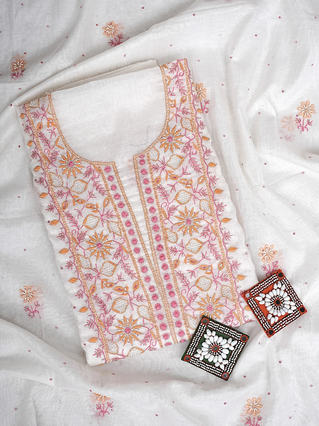 Ada Hand Embroidered White Chanderi Lucknowi Chikankari Unstitched Kurta Dupatta Set With Cutdana Work 01A895966