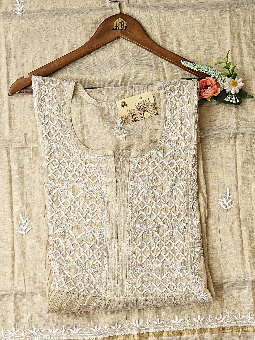 Ada Hand Embroidered Fawn Tissue Lucknowi Chikankari Semi-Stitched Kurta Dupatta Set 01A912349