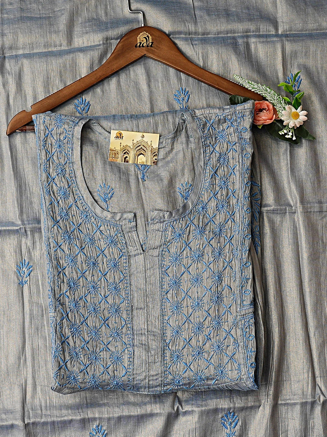 Ada Hand Embroidered Grey Tissue Lucknowi Chikankari Semi-Stitched Kurta Dupatta Set 01A901705