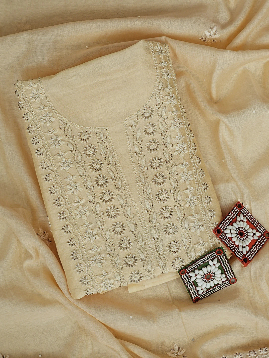 Ada Hand Embroidered Cream Chanderi Lucknowi Chikankari Unstitched Kurta Dupatta Set With Cutdana Work 01A602173