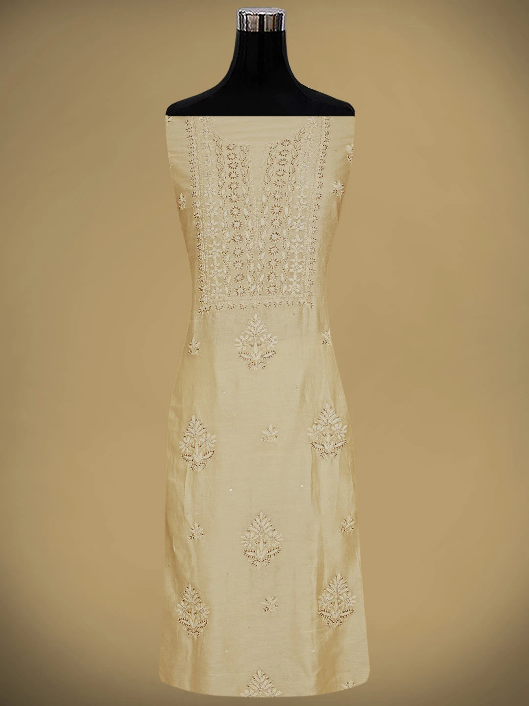 Ada Hand Embroidered Cream Chanderi Lucknowi Chikankari Unstitched Kurta Dupatta Set With Cutdana Work 01A602173