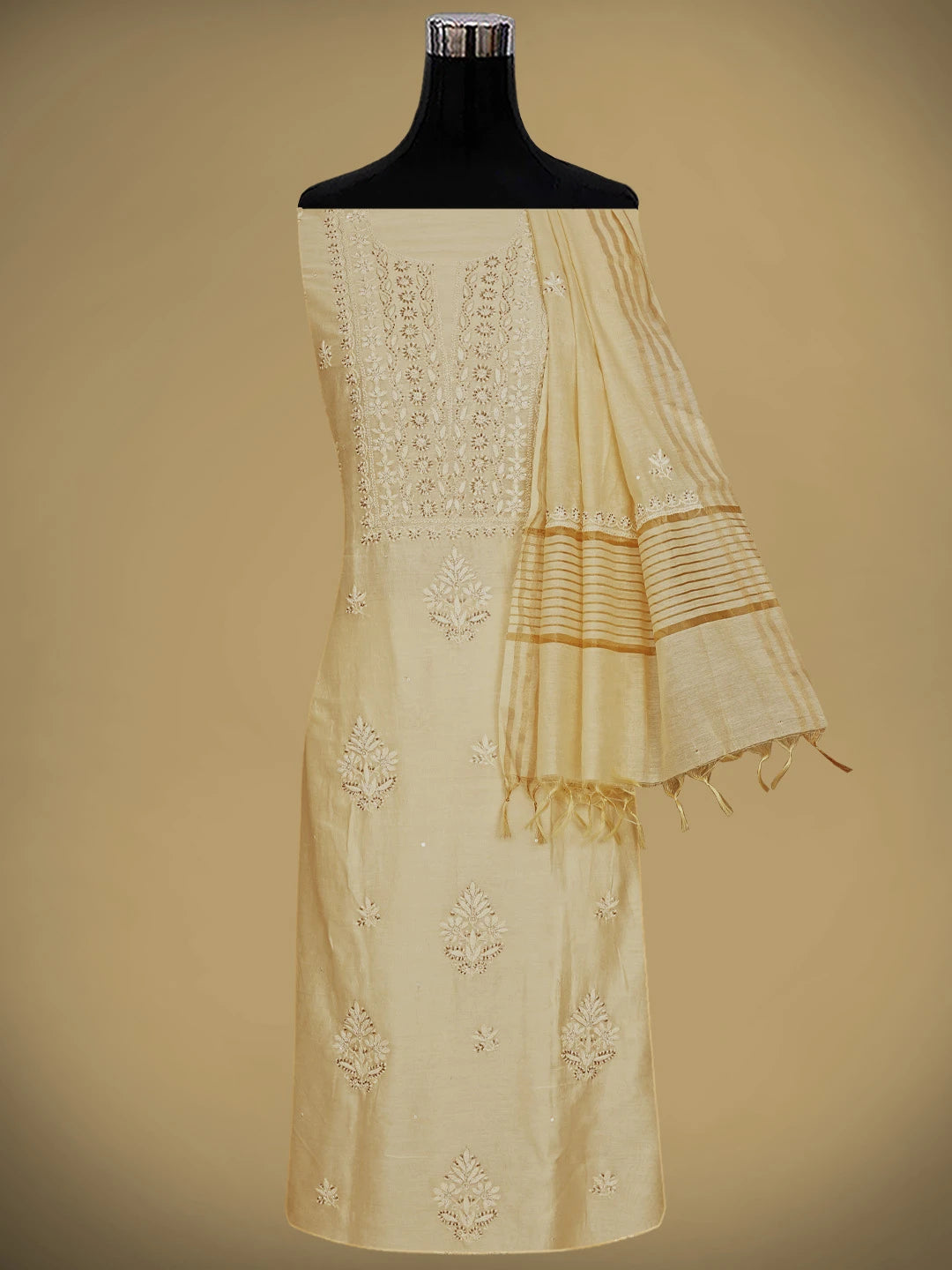 Ada Hand Embroidered Cream Chanderi Lucknowi Chikankari Unstitched Kurta Dupatta Set With Cutdana Work 01A602173