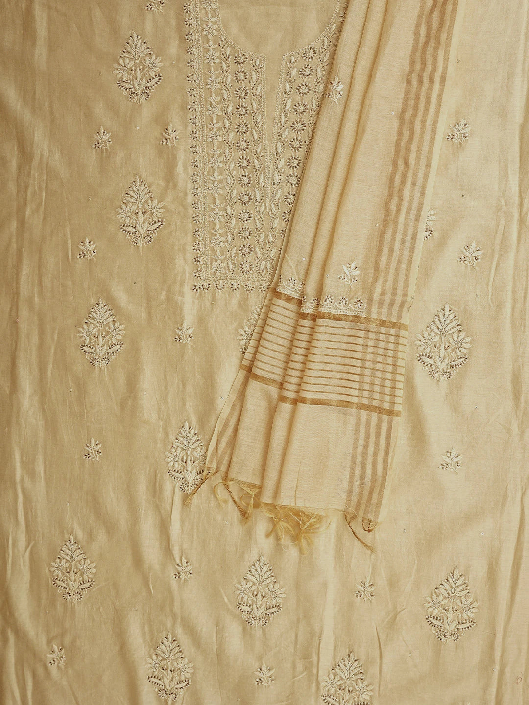 Ada Hand Embroidered Cream Chanderi Lucknowi Chikankari Unstitched Kurta Dupatta Set With Cutdana Work 01A602173