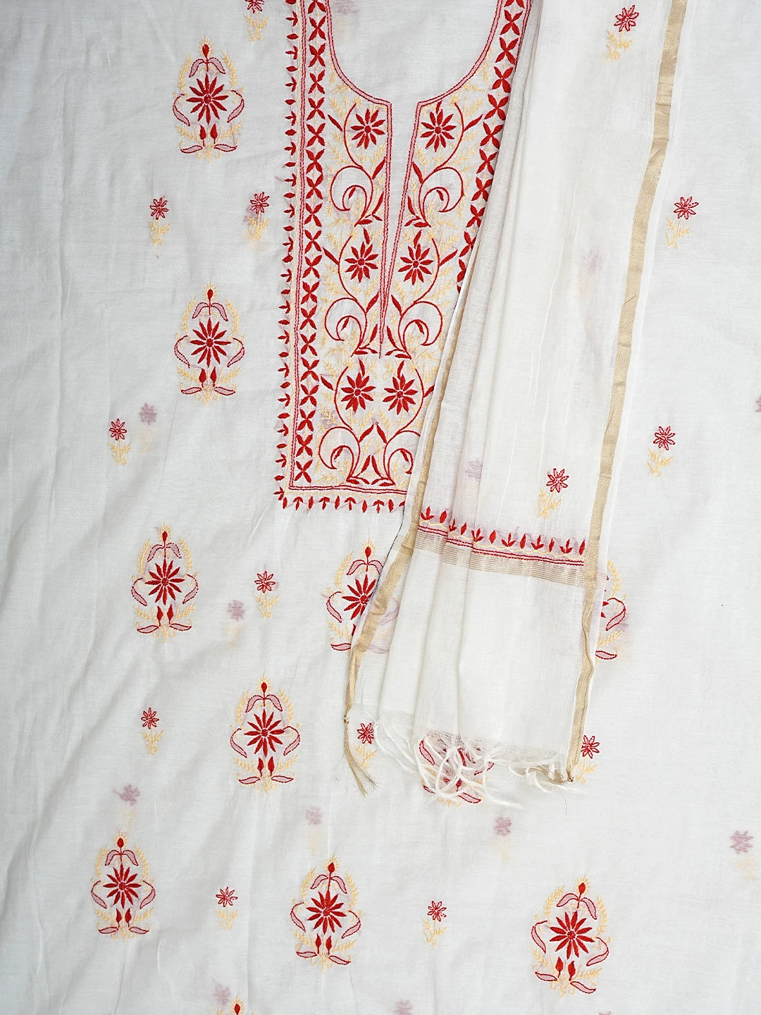 Ada Hand Embroidered Porcelain White Chanderi Lucknowi Chikankari Unstitched Kurta Dupatta Set 01A895970