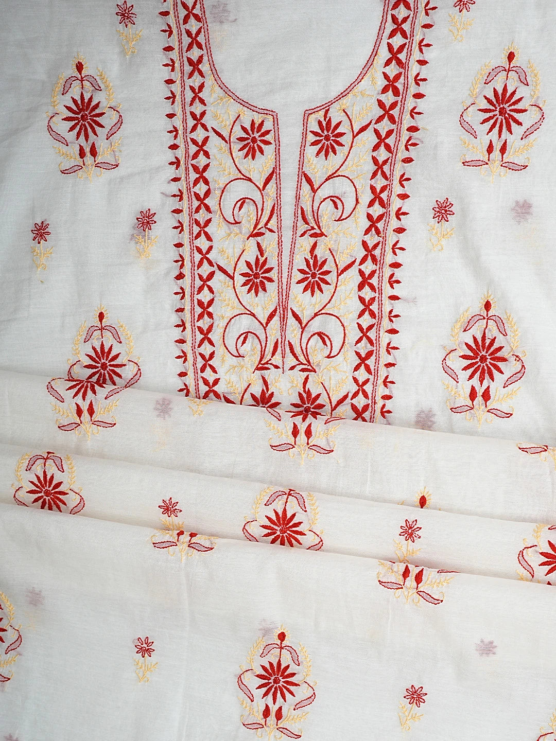 Ada Hand Embroidered Porcelain White Chanderi Lucknowi Chikankari Unstitched Kurta Dupatta Set 01A895970