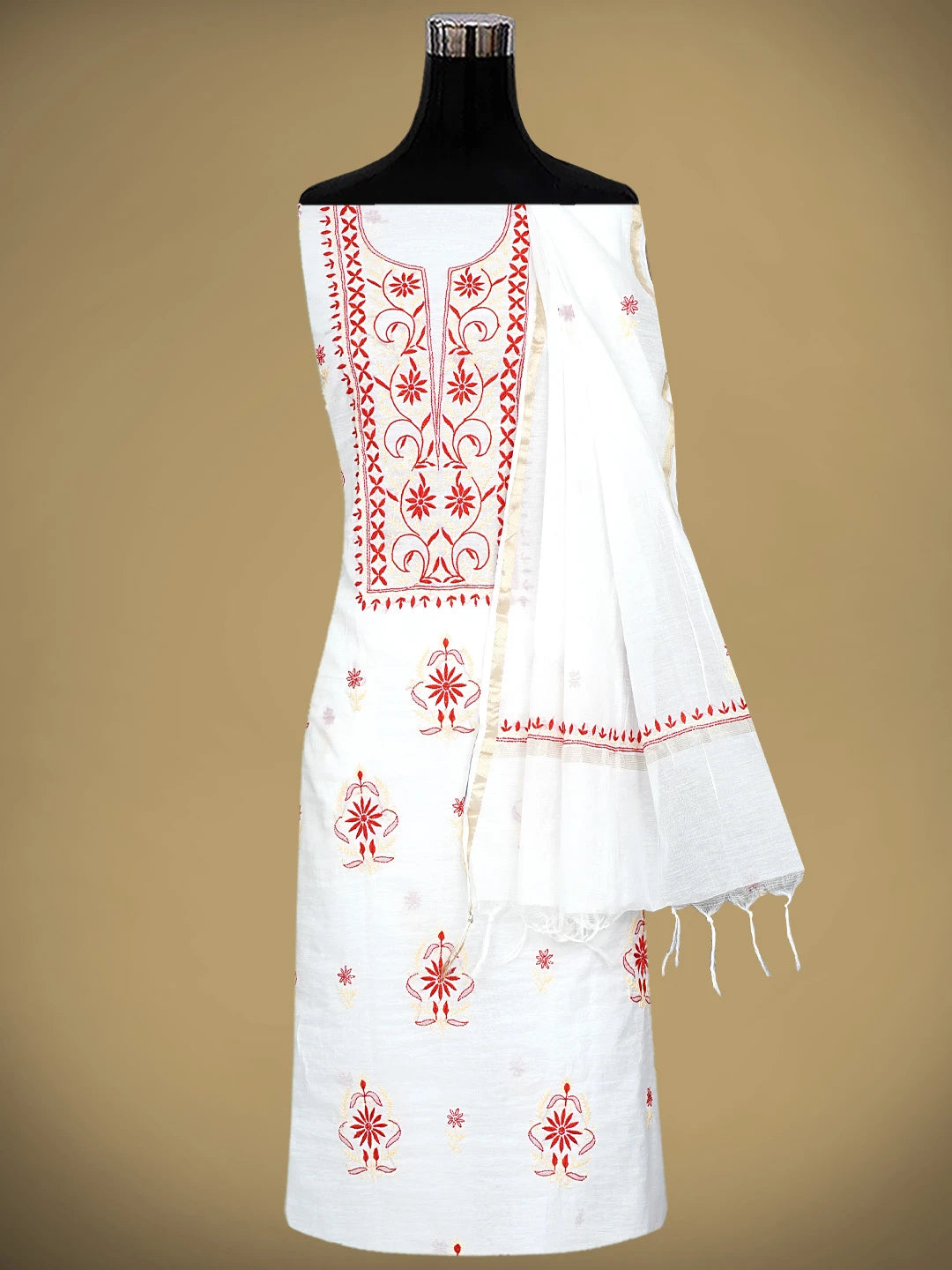 Ada Hand Embroidered Porcelain White Chanderi Lucknowi Chikankari Unstitched Kurta Dupatta Set 01A895970