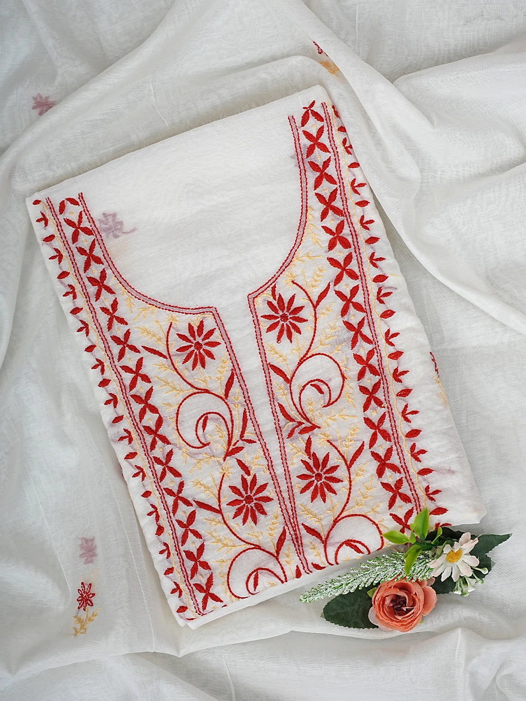 Ada Hand Embroidered Porcelain White Chanderi Lucknowi Chikankari Unstitched Kurta Dupatta Set 01A895970