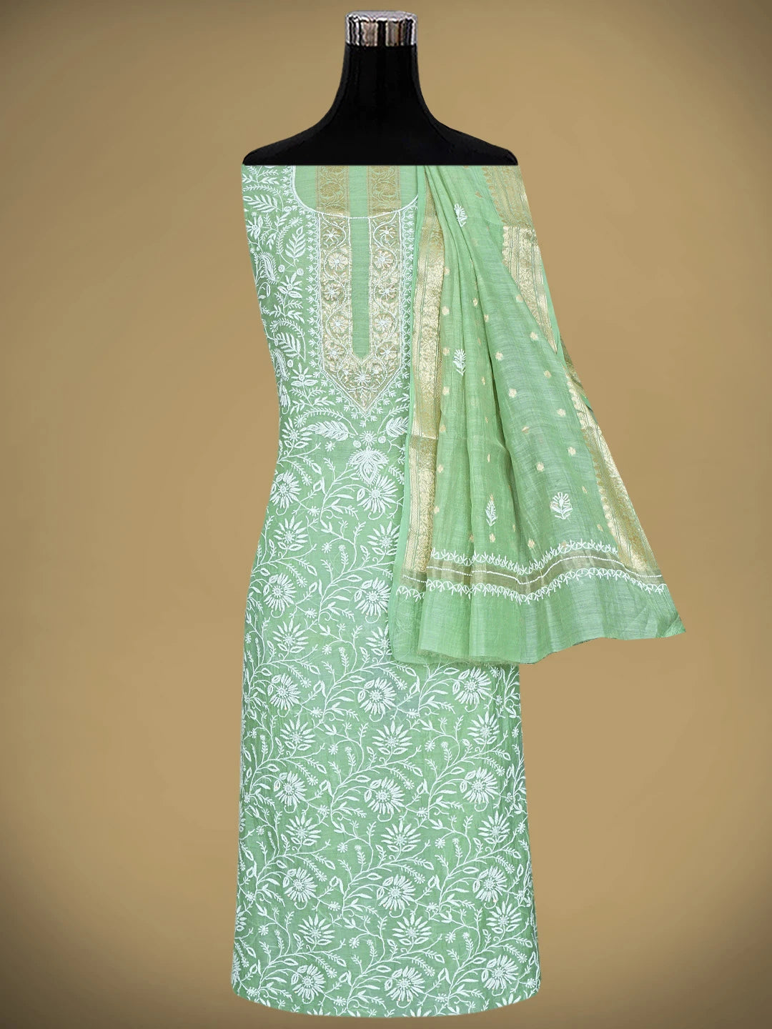 Ada Hand Embroidered Green Chanderi Lucknowi Chikankari Unstitched Kurta Dupatta Set With Pearl Work 01A913958