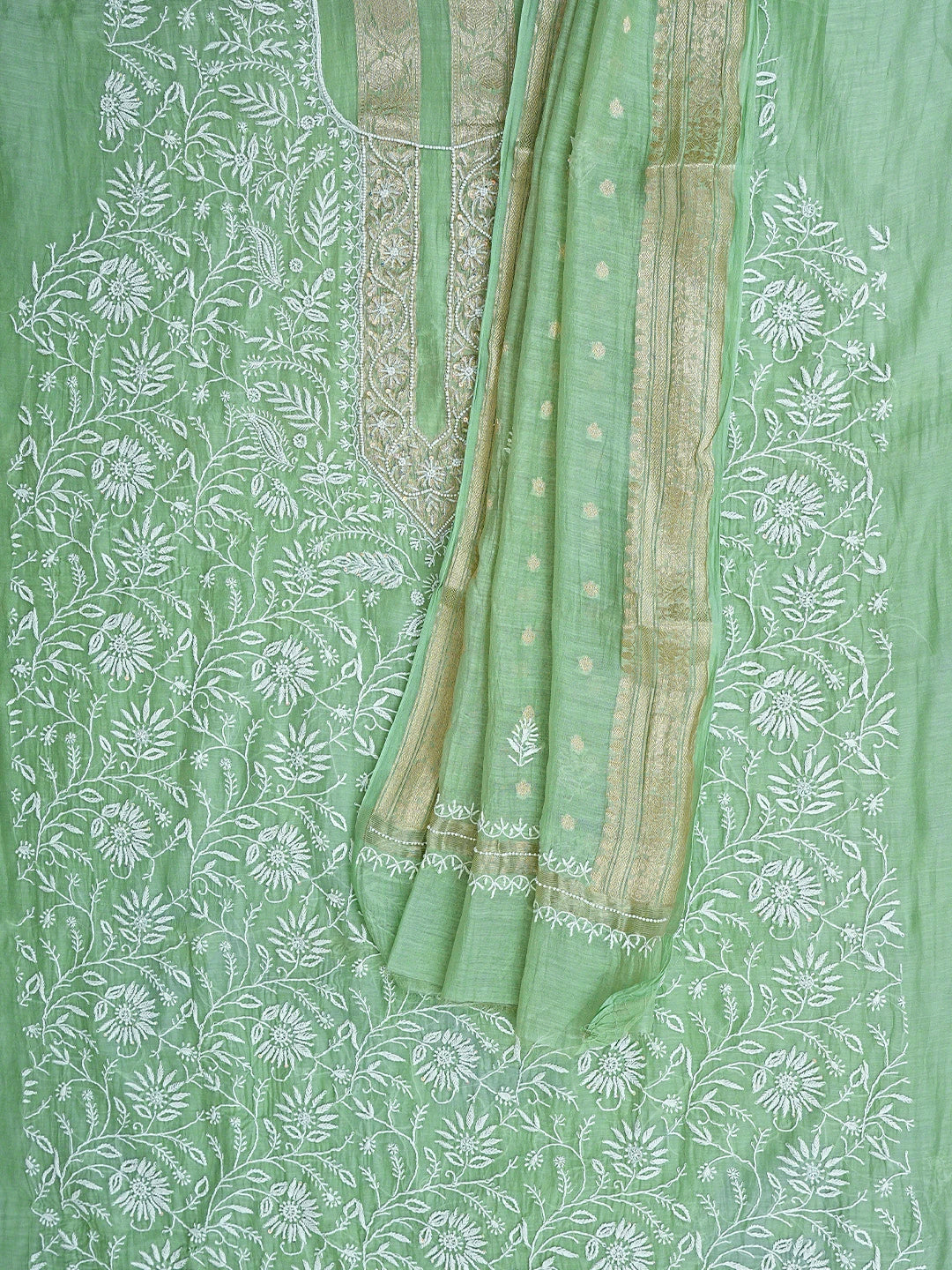 Ada Hand Embroidered Green Chanderi Lucknowi Chikankari Unstitched Kurta Dupatta Set With Pearl Work 01A913958