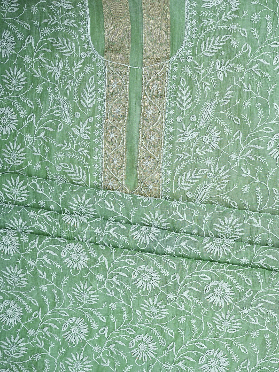 Ada Hand Embroidered Green Chanderi Lucknowi Chikankari Unstitched Kurta Dupatta Set With Pearl Work 01A913958