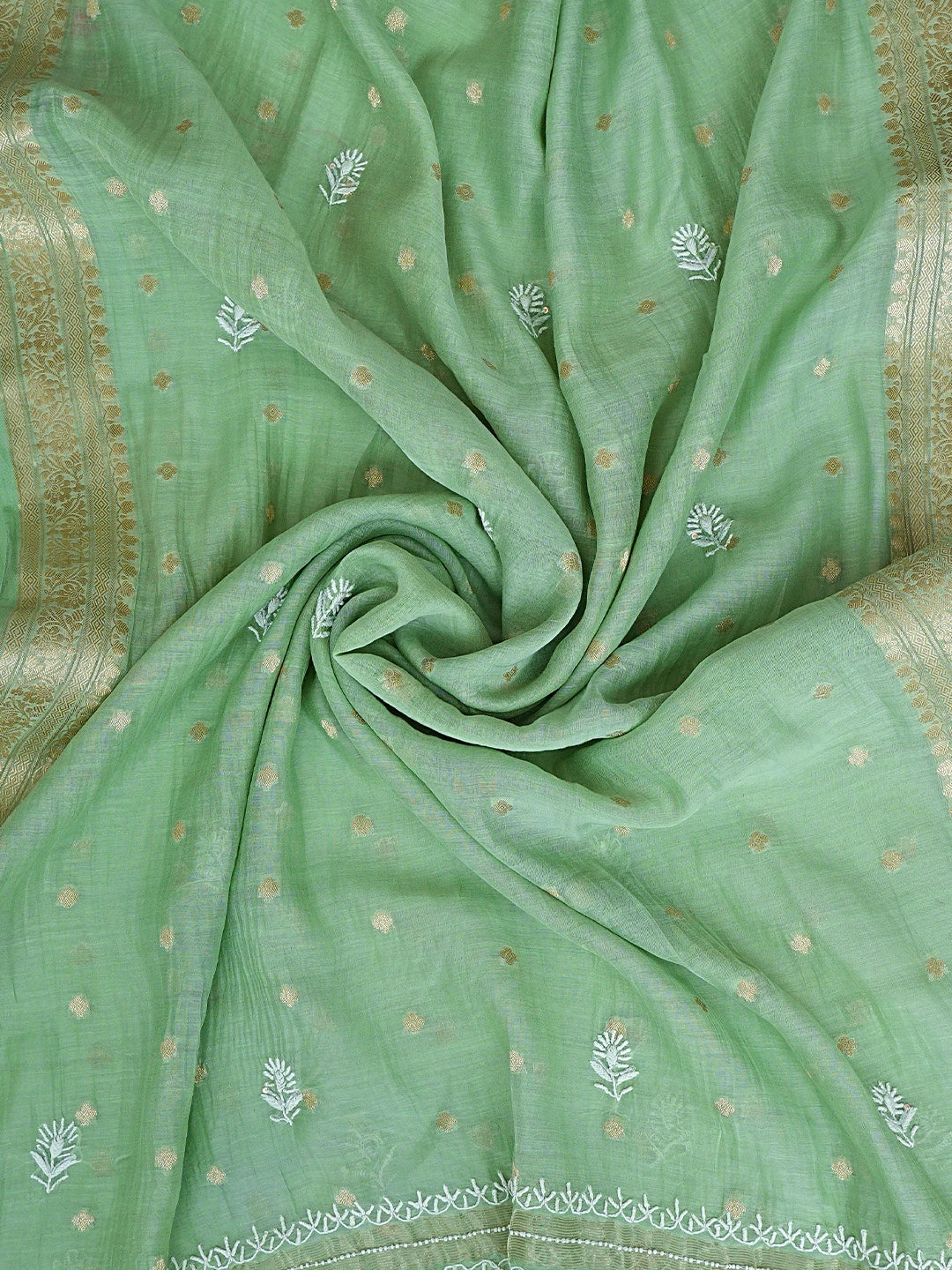 Ada Hand Embroidered Green Chanderi Lucknowi Chikankari Unstitched Kurta Dupatta Set With Pearl Work 01A913958