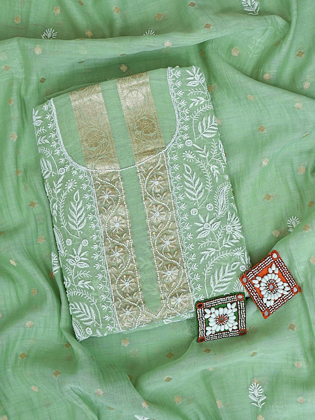Ada Hand Embroidered Green Chanderi Lucknowi Chikankari Unstitched Kurta Dupatta Set With Pearl Work 01A913958