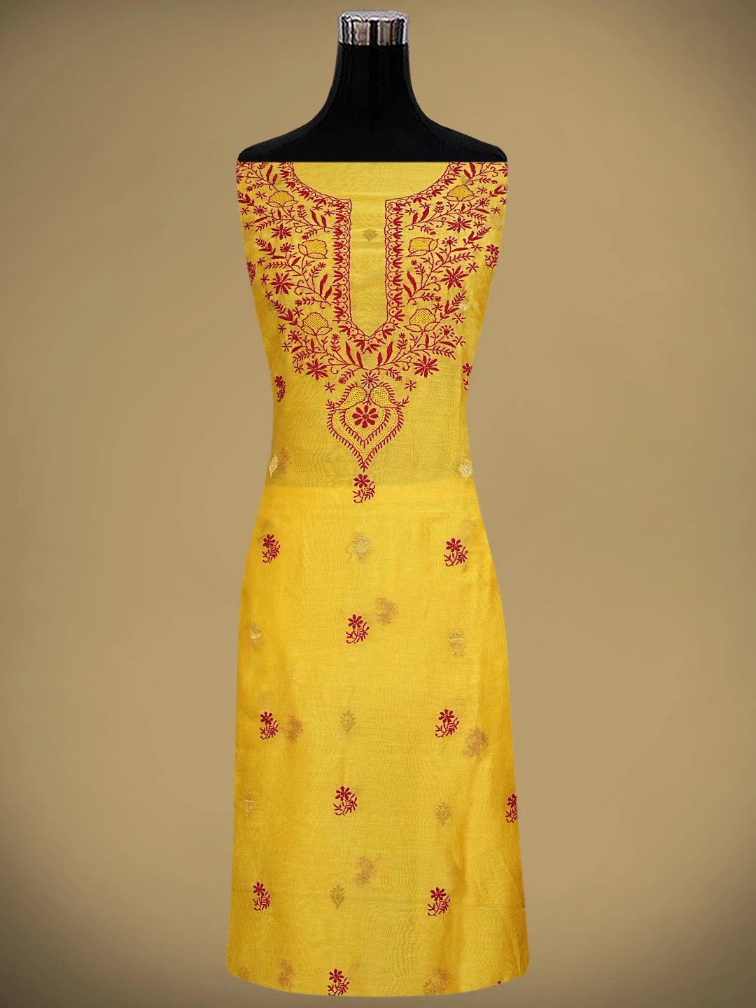 Ada Hand Embroidered Mustard Yellow Chanderi Lucknowi Chikankari Unstitched Kurta Dupatta Set 01A904290