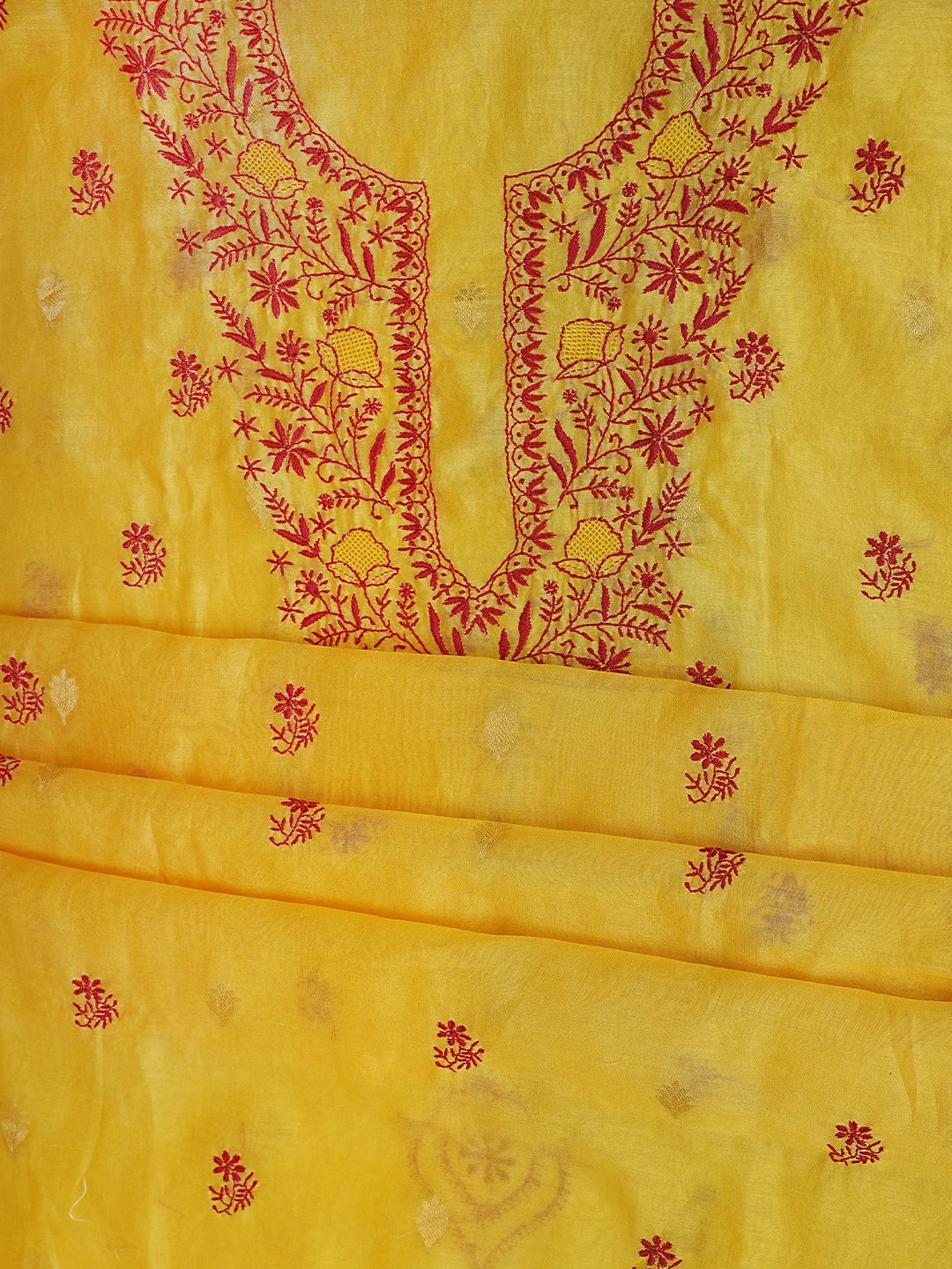 Ada Hand Embroidered Mustard Yellow Chanderi Lucknowi Chikankari Unstitched Kurta Dupatta Set 01A904290