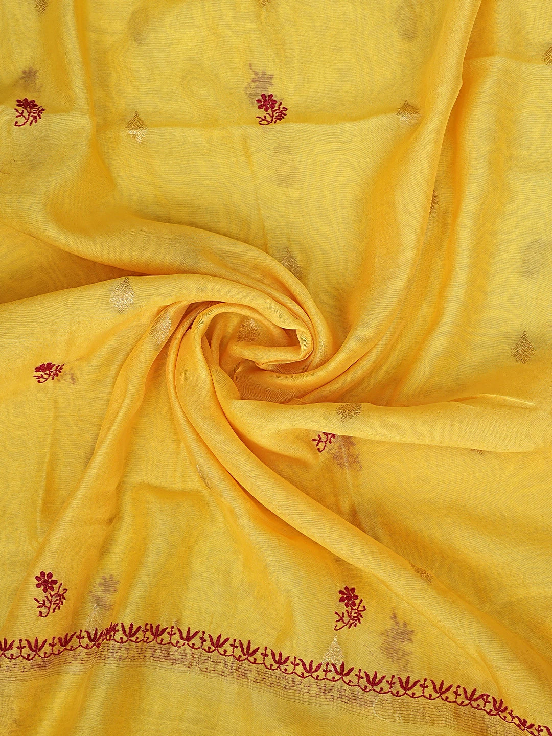 Ada Hand Embroidered Mustard Yellow Chanderi Lucknowi Chikankari Unstitched Kurta Dupatta Set 01A904290