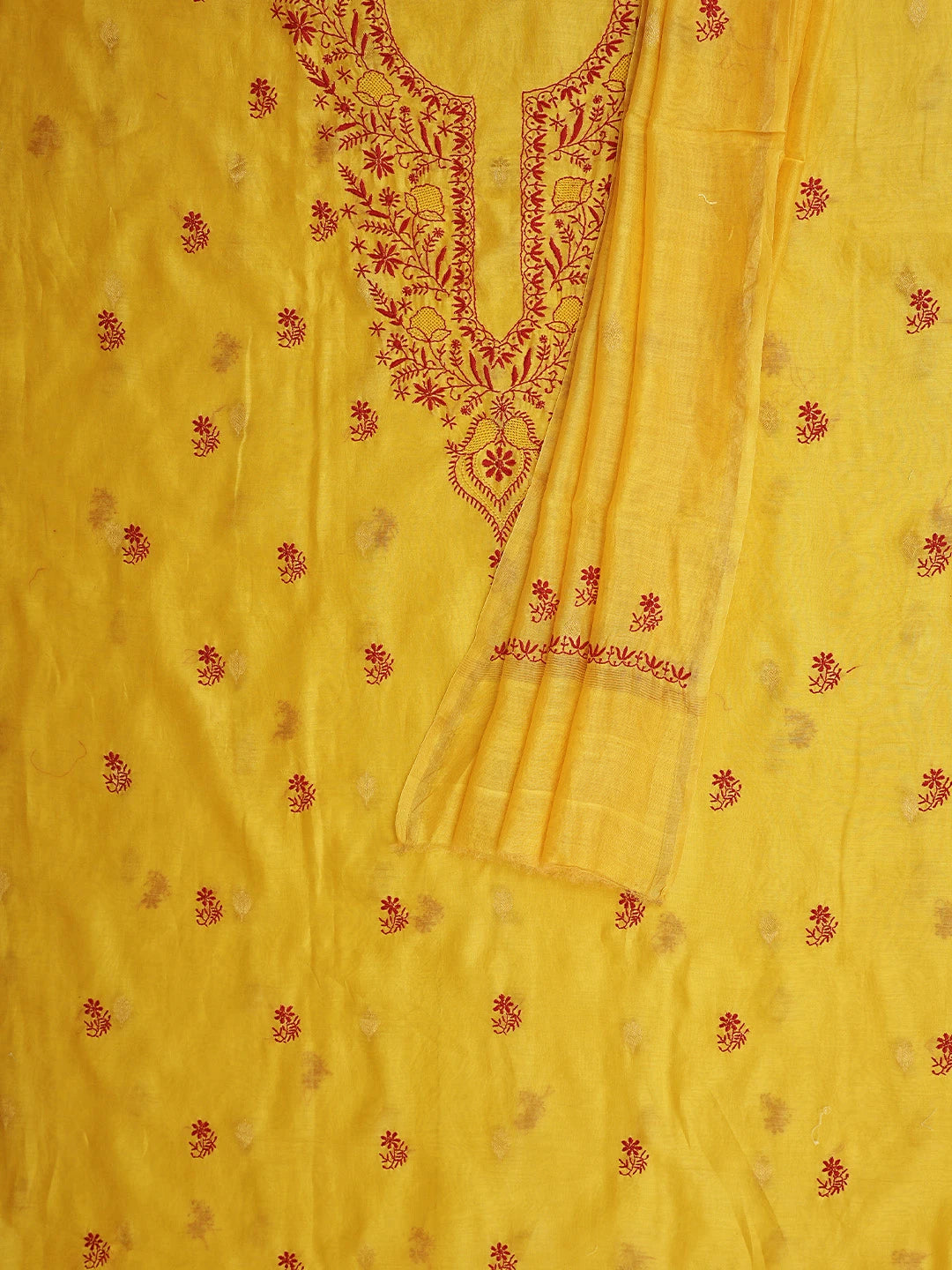 Ada Hand Embroidered Mustard Yellow Chanderi Lucknowi Chikankari Unstitched Kurta Dupatta Set 01A904290