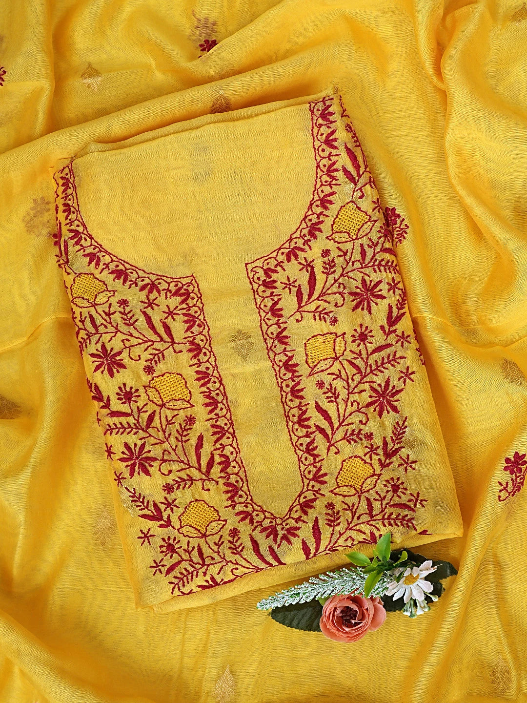 Ada Hand Embroidered Mustard Yellow Chanderi Lucknowi Chikankari Unstitched Kurta Dupatta Set 01A904290