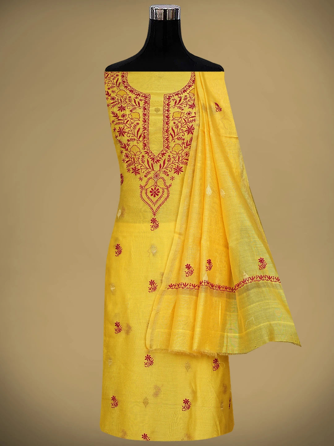 Ada Hand Embroidered Mustard Yellow Chanderi Lucknowi Chikankari Unstitched Kurta Dupatta Set 01A904290