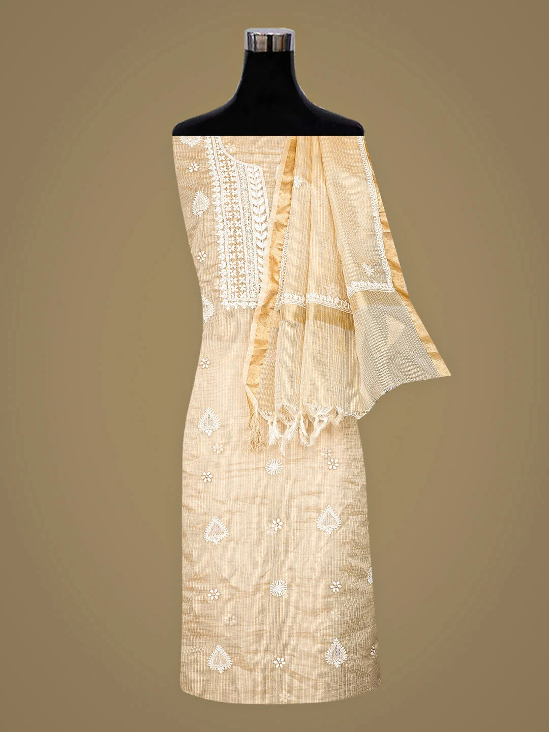 Ada Hand Embroidered Fawn Kota Tissue Lucknowi Chikankari Unstitched Kurta Dupatta Set With Cutdana Work 01A876777