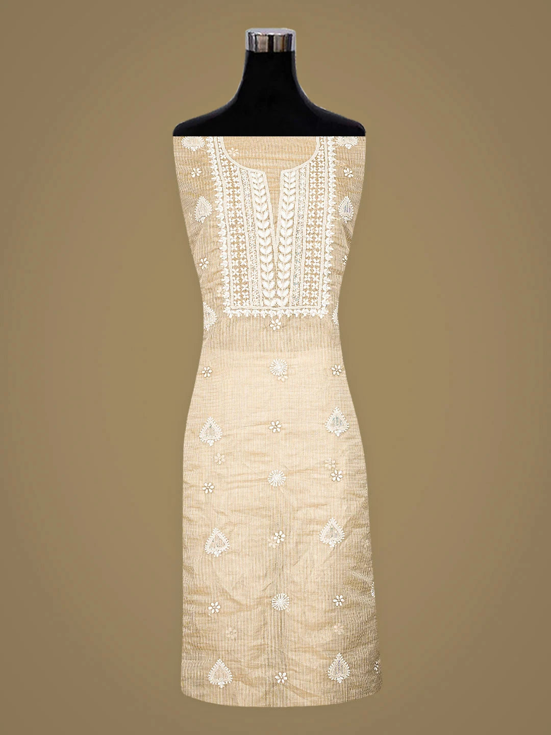 Ada Hand Embroidered Fawn Kota Tissue Lucknowi Chikankari Unstitched Kurta Dupatta Set With Cutdana Work 01A876777