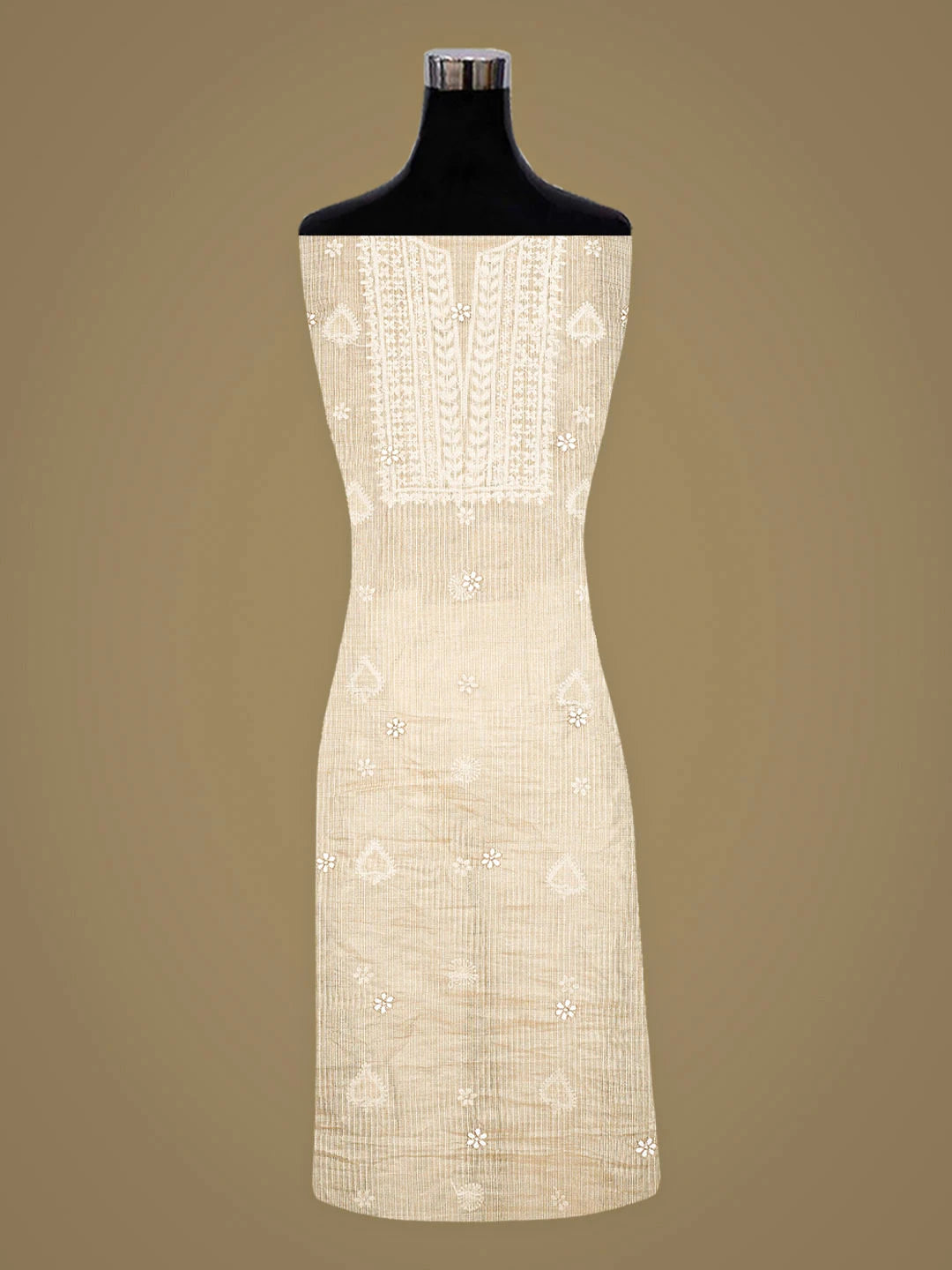 Ada Hand Embroidered Fawn Kota Tissue Lucknowi Chikankari Unstitched Kurta Dupatta Set With Cutdana Work 01A876777