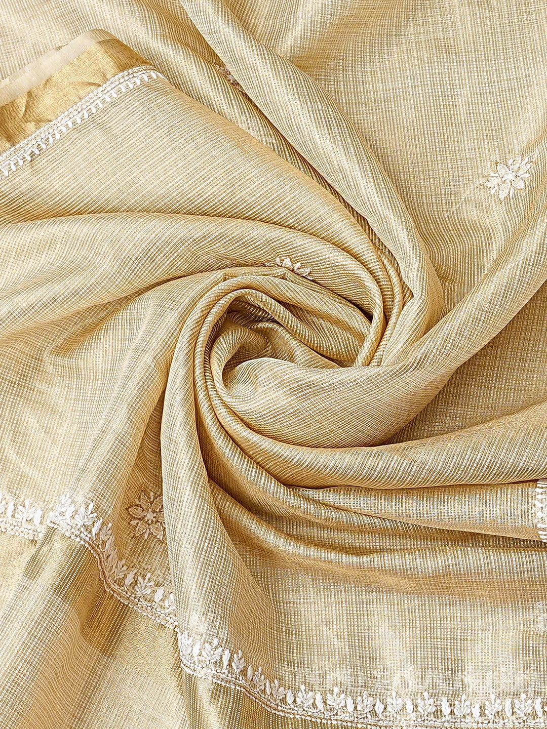 Ada Hand Embroidered Fawn Kota Tissue Lucknowi Chikankari Unstitched Kurta Dupatta Set With Cutdana Work 01A876777