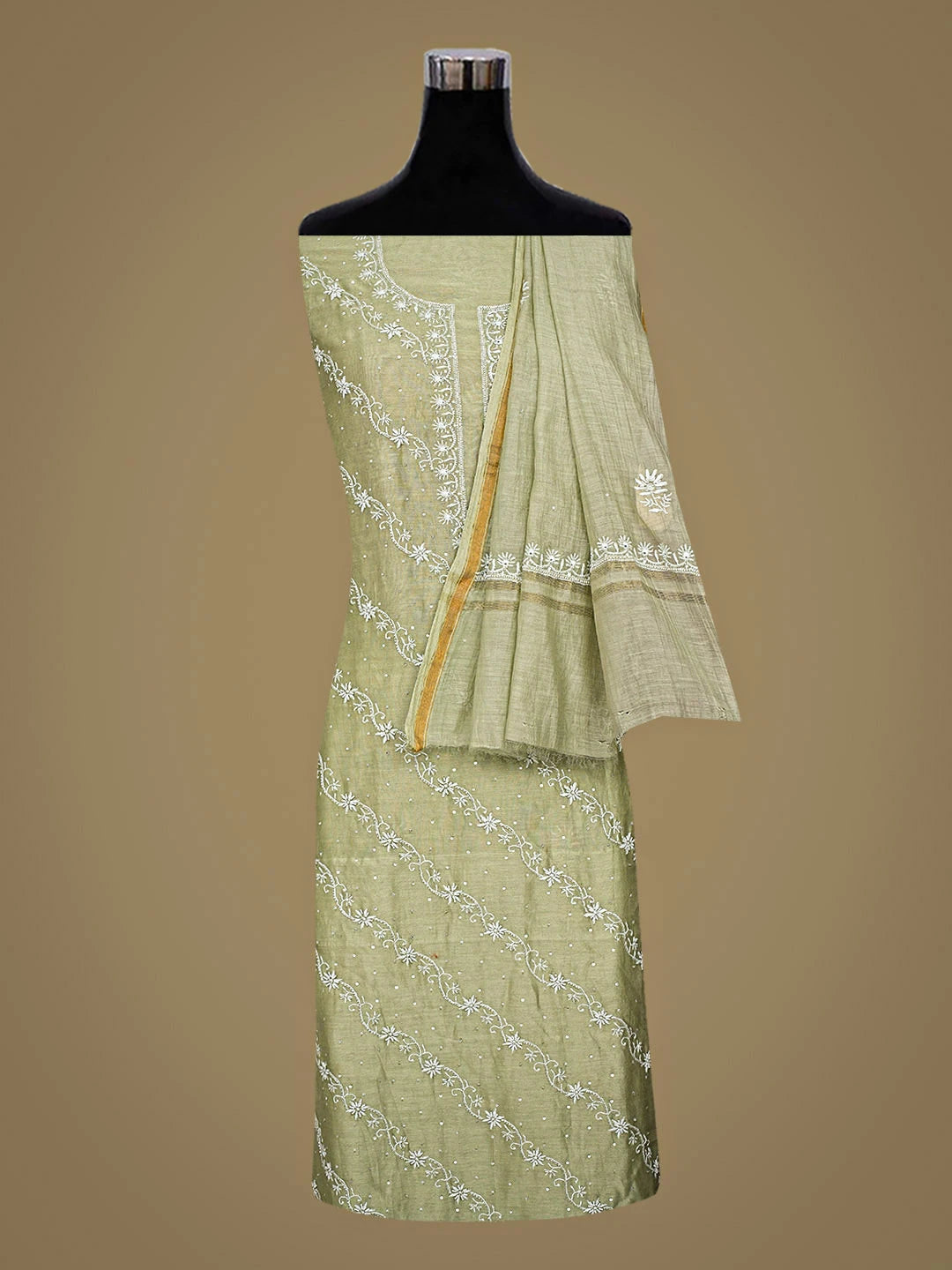 Ada Hand Embroidered Chanderi Mehandi Green Lucknowi Chikankari Unstitched Kurta Dupatta Set With Pearl Work 01A837352