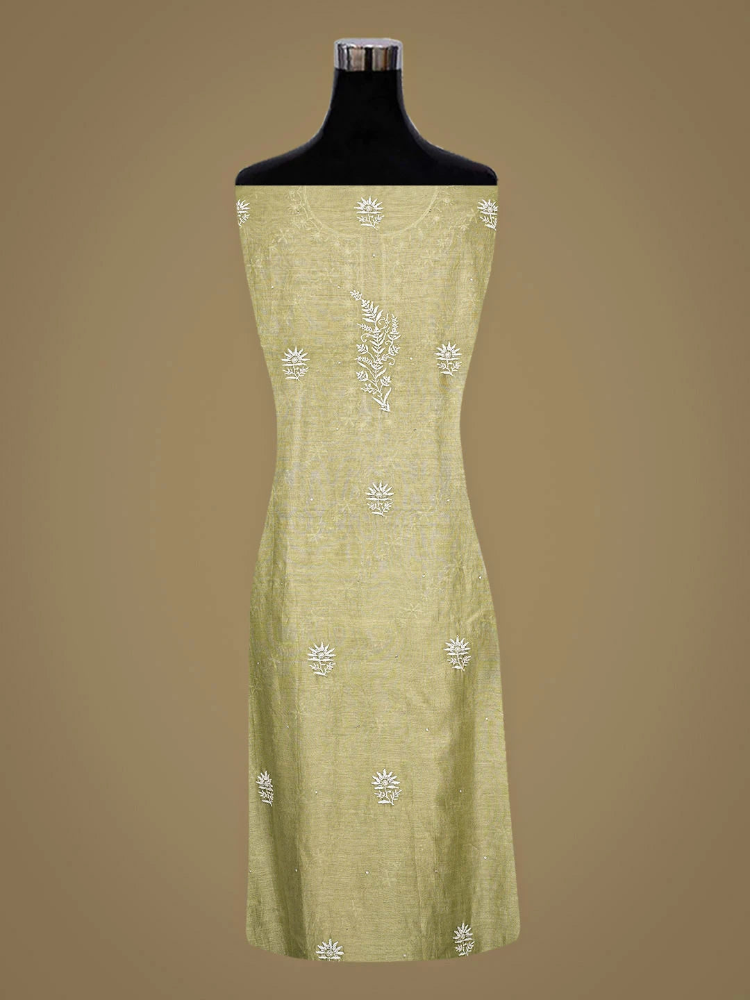 Ada Hand Embroidered Chanderi Mehandi Green Lucknowi Chikankari Unstitched Kurta Dupatta Set With Pearl Work 01A837352