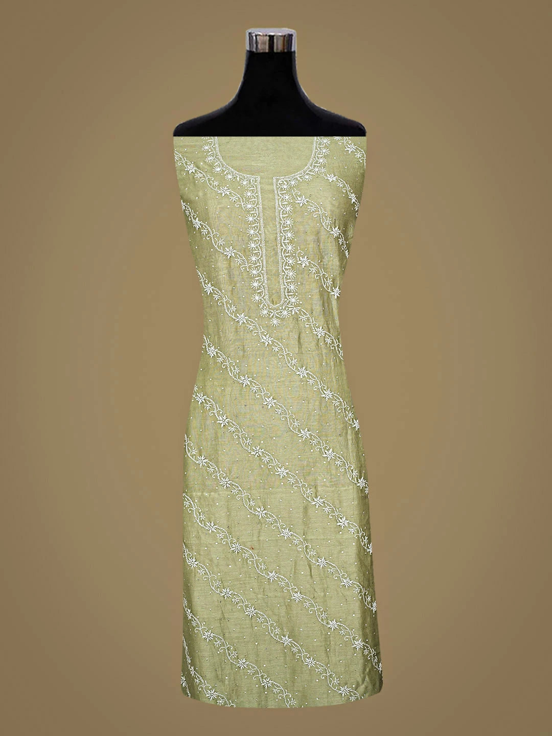 Ada Hand Embroidered Chanderi Mehandi Green Lucknowi Chikankari Unstitched Kurta Dupatta Set With Pearl Work 01A837352