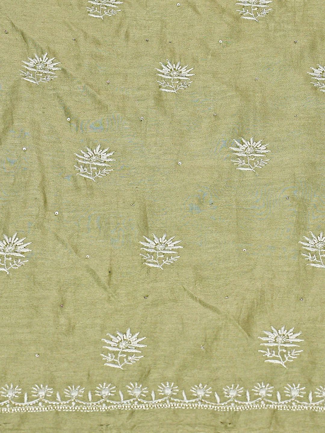 Ada Hand Embroidered Chanderi Mehandi Green Lucknowi Chikankari Unstitched Kurta Dupatta Set With Pearl Work 01A837352
