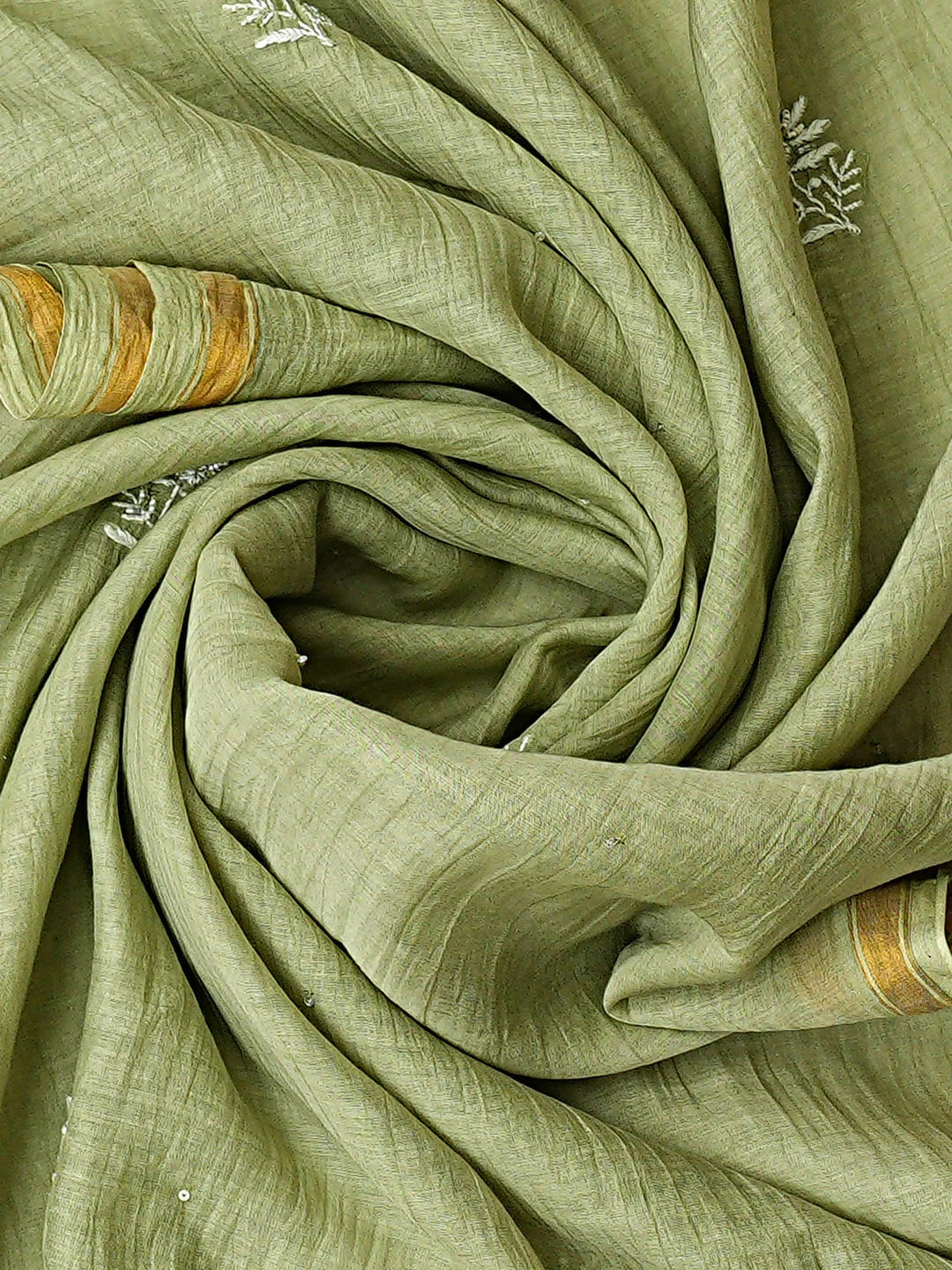 Ada Hand Embroidered Chanderi Mehandi Green Lucknowi Chikankari Unstitched Kurta Dupatta Set With Pearl Work 01A837352