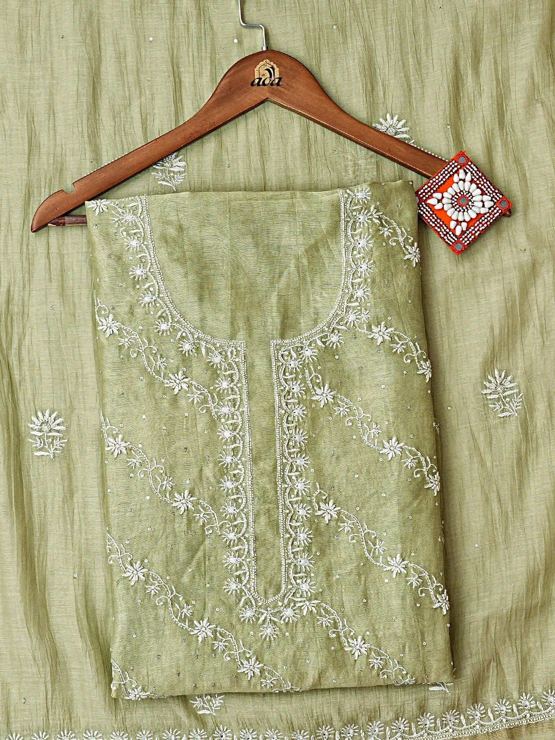 Ada Hand Embroidered Chanderi Mehandi Green Lucknowi Chikankari Unstitched Kurta Dupatta Set With Pearl Work 01A837352