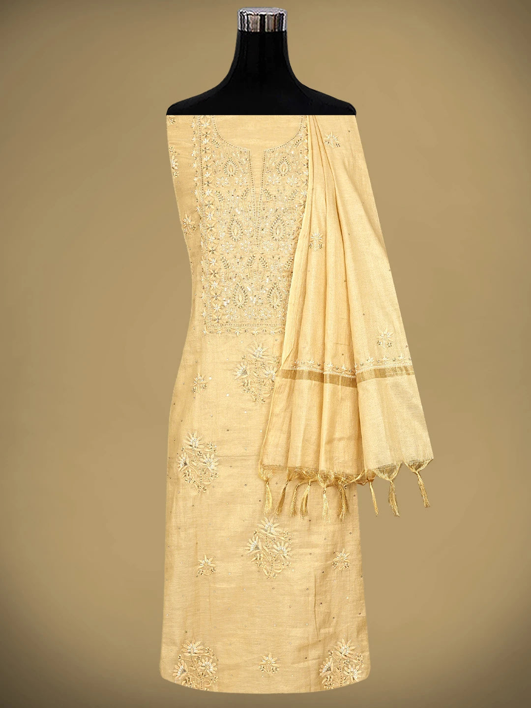 Ada Hand Embroidered Camel Brown Tissue Lucknowi Chikankari Unstitched Kurta Dupatta Set With Zari Work 01A590423
