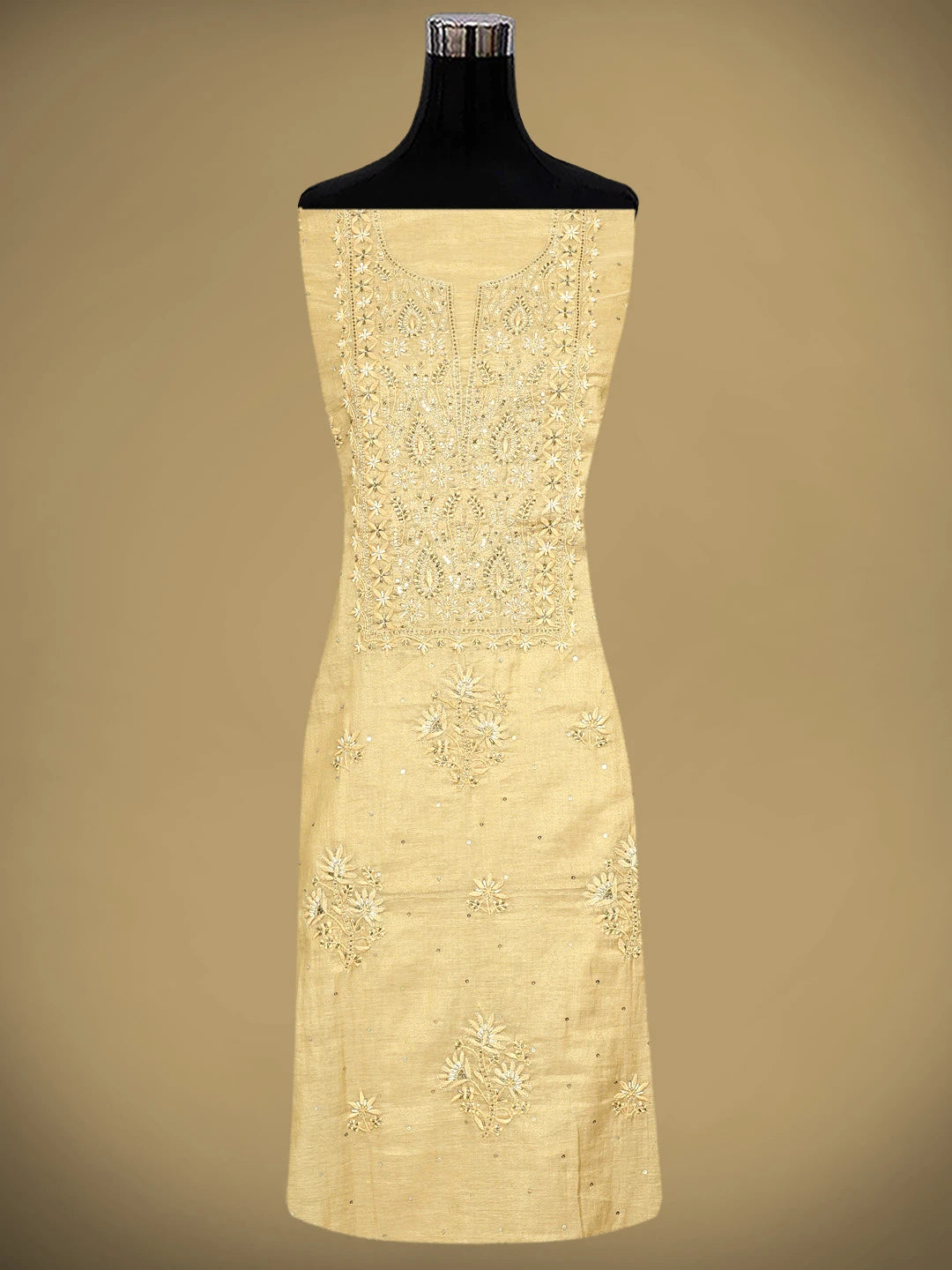 Ada Hand Embroidered Camel Brown Tissue Lucknowi Chikankari Unstitched Kurta Dupatta Set With Zari Work 01A590423