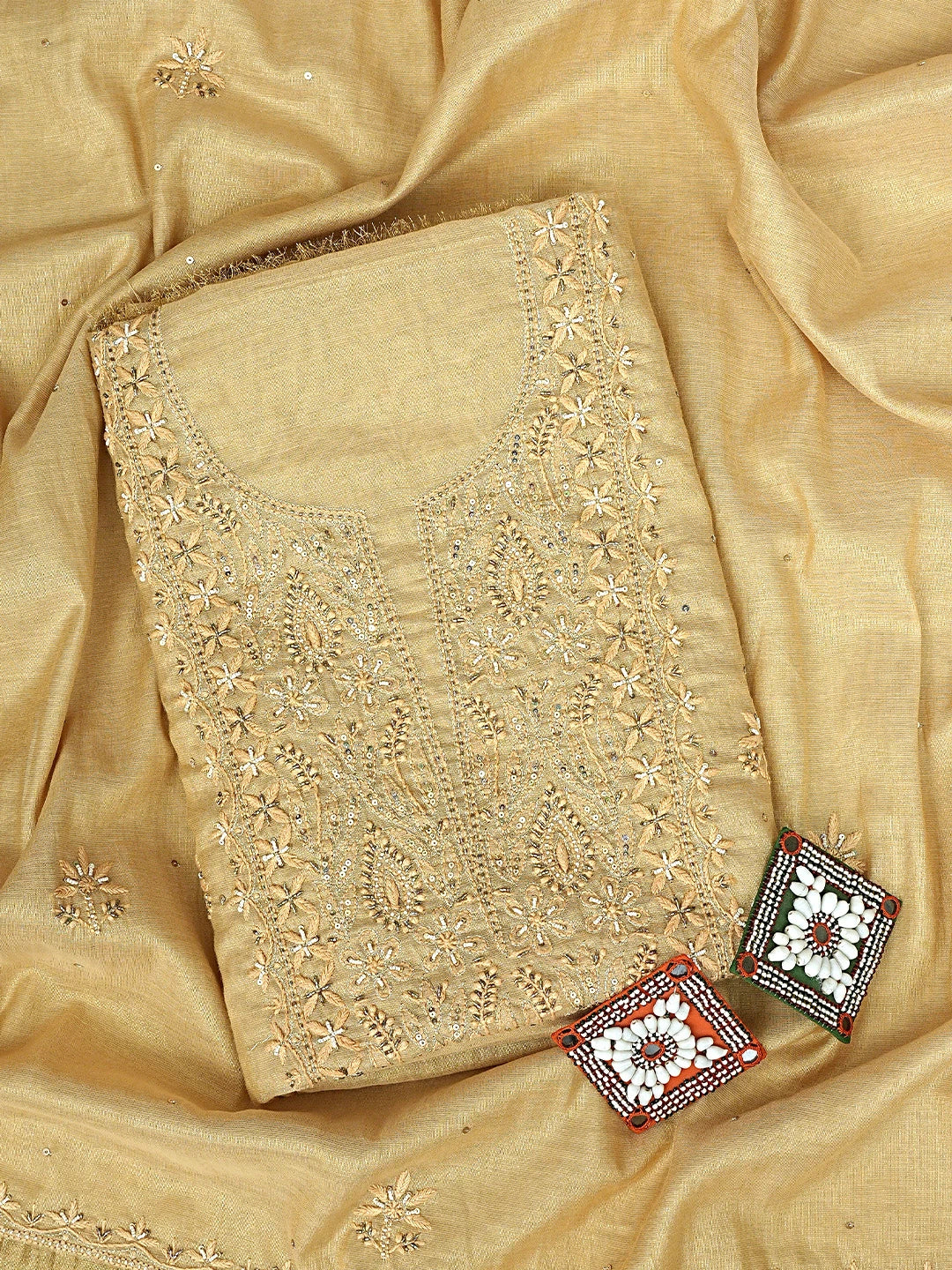 Ada Hand Embroidered Camel Brown Tissue Lucknowi Chikankari Unstitched Kurta Dupatta Set With Zari Work 01A590423