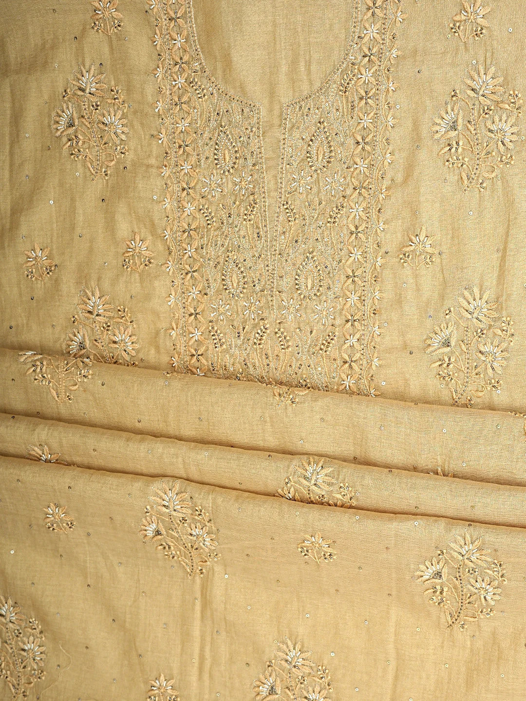 Ada Hand Embroidered Camel Brown Tissue Lucknowi Chikankari Unstitched Kurta Dupatta Set With Zari Work 01A590423