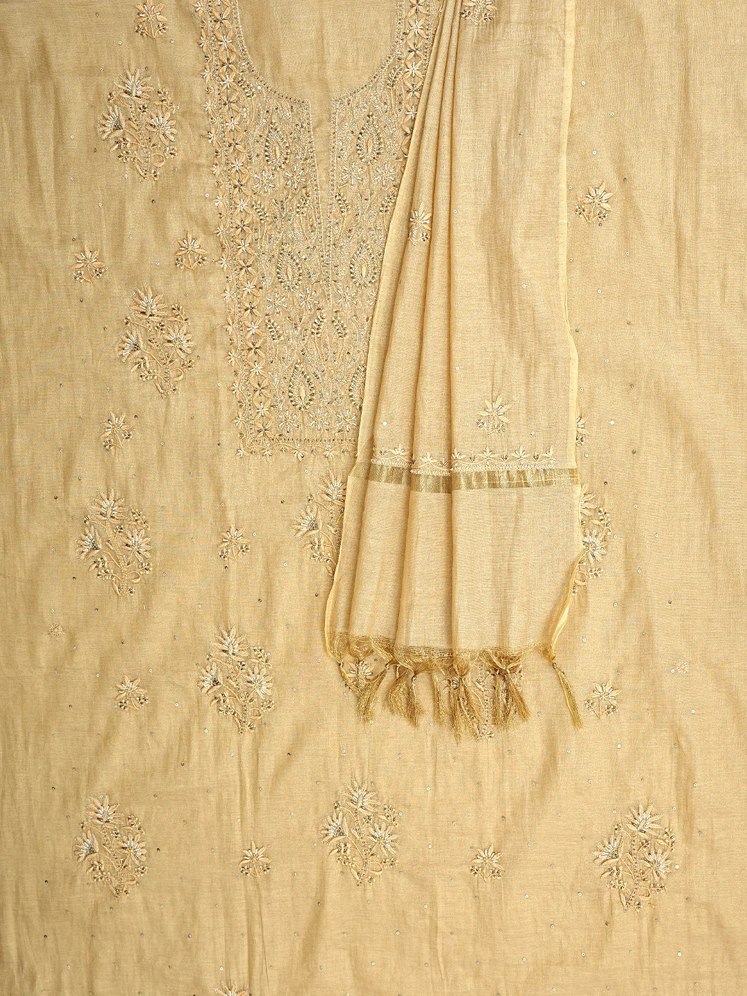 Ada Hand Embroidered Camel Brown Tissue Lucknowi Chikankari Unstitched Kurta Dupatta Set With Zari Work 01A590423