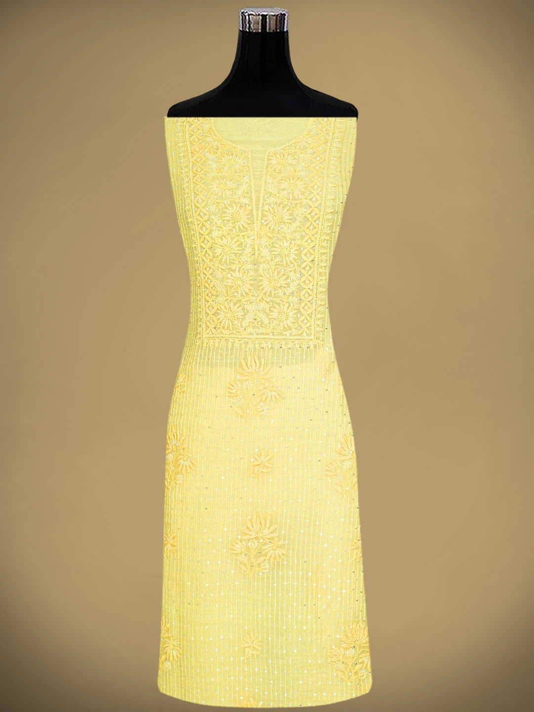 Ada Hand Embroidered Lemon Chanderi Lucknowi Chikankari Unstitched Kurta Dupatta Set With Cutdana Work 01A890123