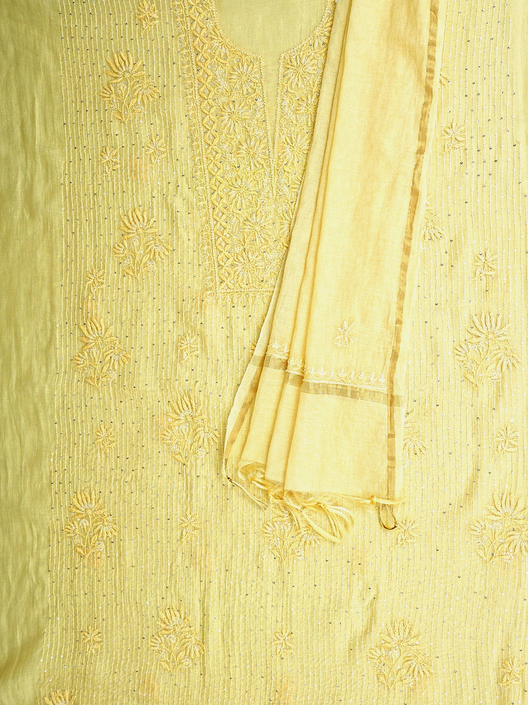 Ada Hand Embroidered Lemon Chanderi Lucknowi Chikankari Unstitched Kurta Dupatta Set With Cutdana Work 01A890123