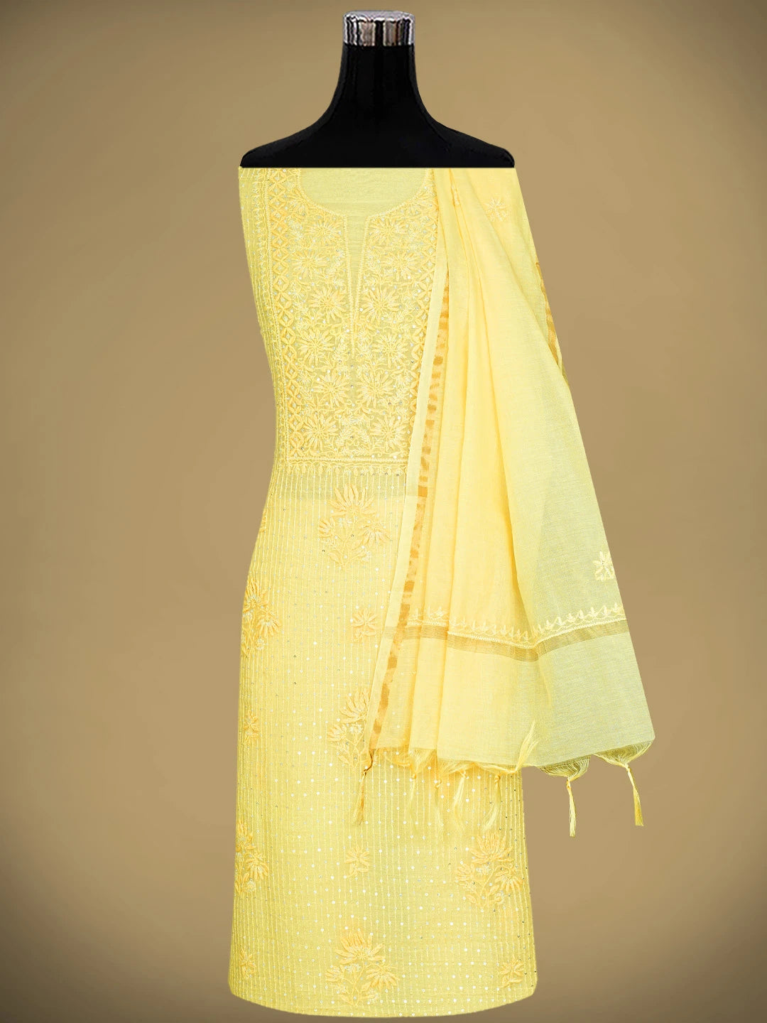 Ada Hand Embroidered Lemon Chanderi Lucknowi Chikankari Unstitched Kurta Dupatta Set With Cutdana Work 01A890123