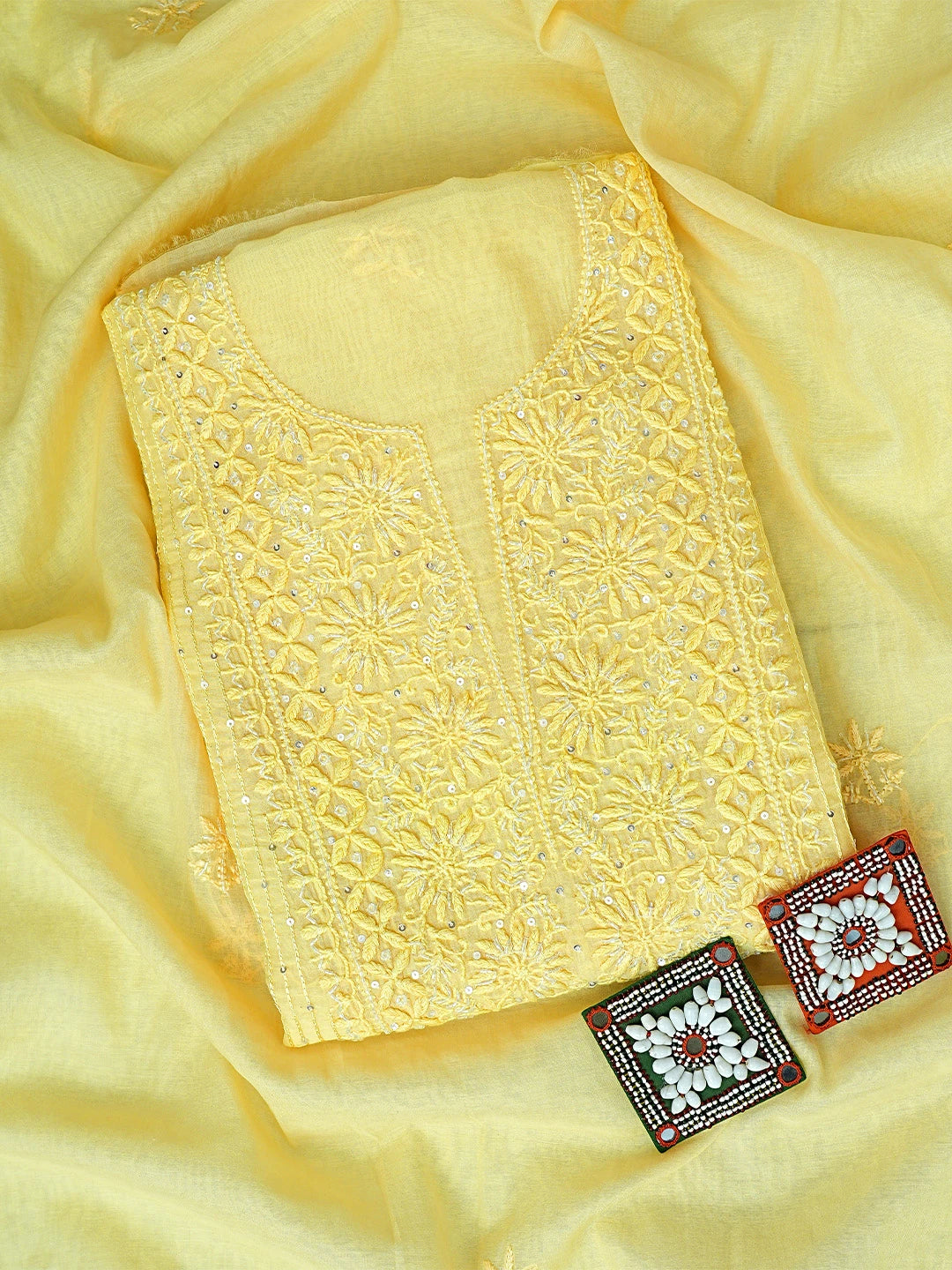 Ada Hand Embroidered Lemon Chanderi Lucknowi Chikankari Unstitched Kurta Dupatta Set With Cutdana Work 01A890123