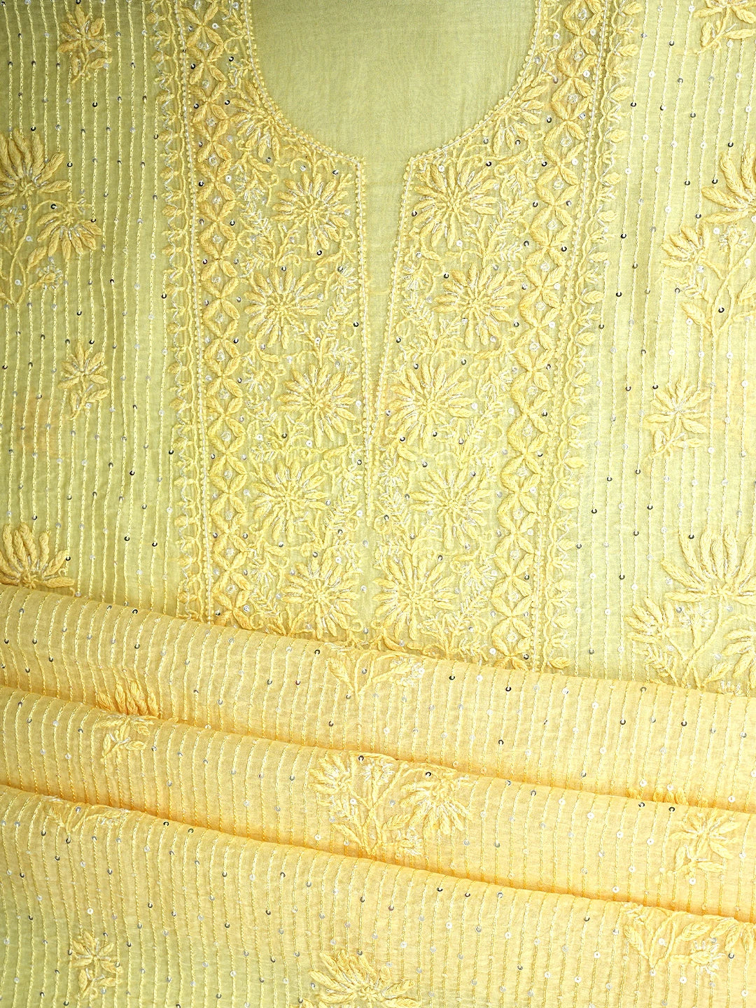 Ada Hand Embroidered Lemon Chanderi Lucknowi Chikankari Unstitched Kurta Dupatta Set With Cutdana Work 01A890123