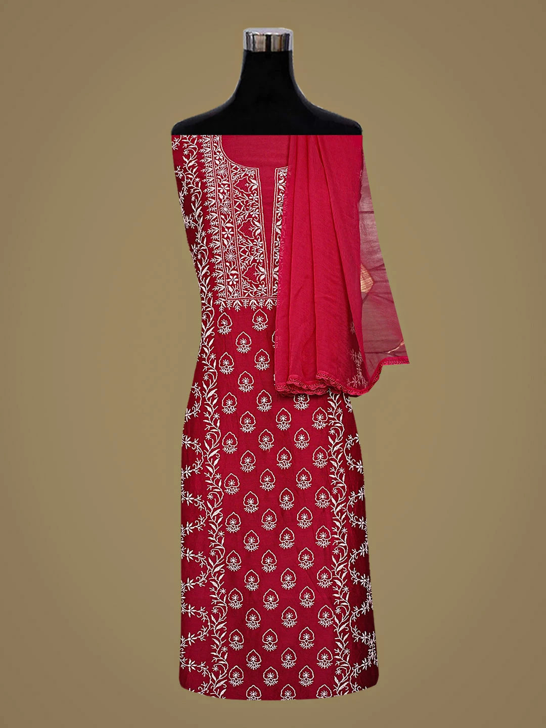 Ada Hand Embroidered Maroon Chanderi Lucknowi Chikankari Unstitched Suit Piece with Chiffon Dupatta 01A805721