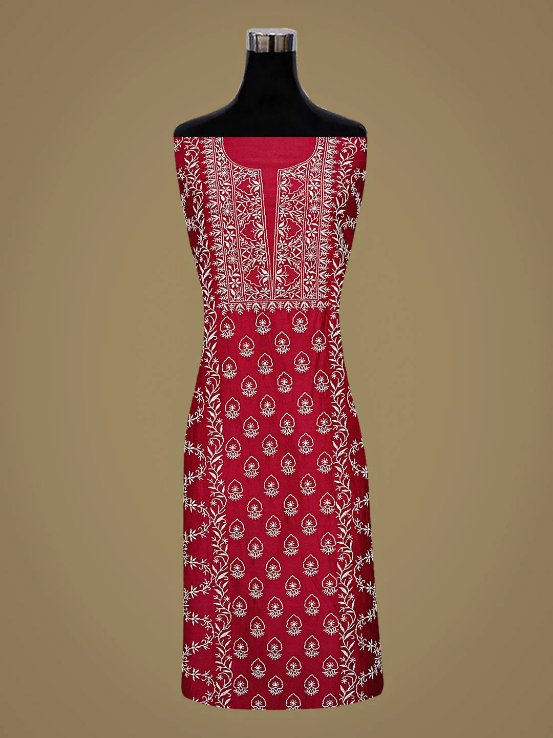Ada Hand Embroidered Maroon Chanderi Lucknowi Chikankari Unstitched Suit Piece with Chiffon Dupatta 01A805721