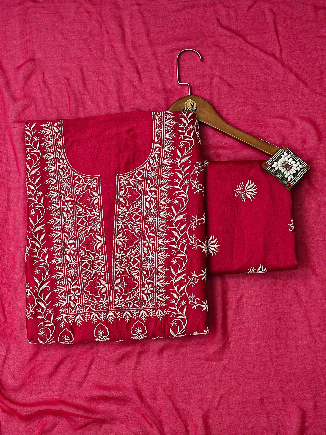 Ada Hand Embroidered Maroon Chanderi Lucknowi Chikankari Unstitched Suit Piece with Chiffon Dupatta 01A805721
